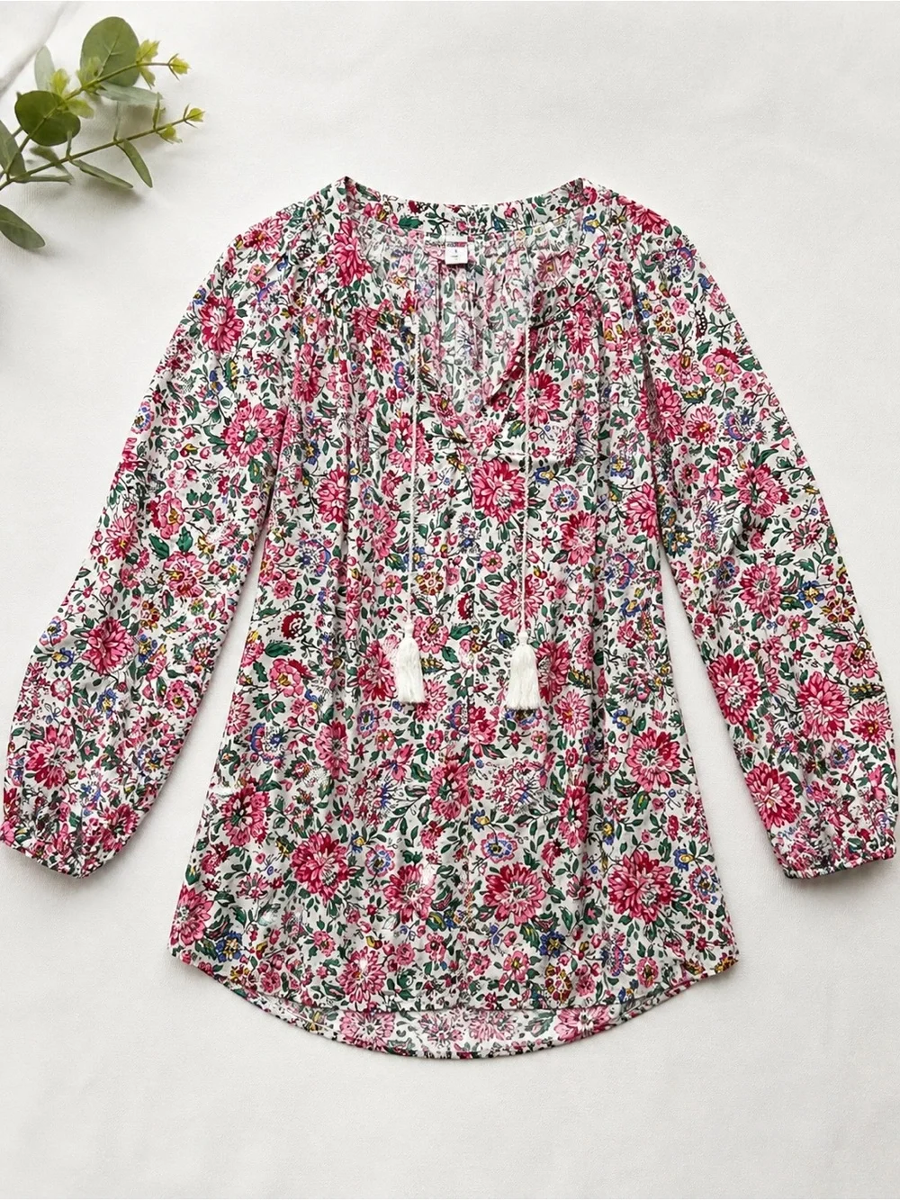 Old Navy Floral Tassel Peasant Blouse Large Pink Boho Flowy Top - Picture 2 of 8